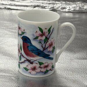 Vtg 90s Mug Porcelain‎ Bluebirds Dogwood Floral S. Tuck Cottagecore Farmhouse